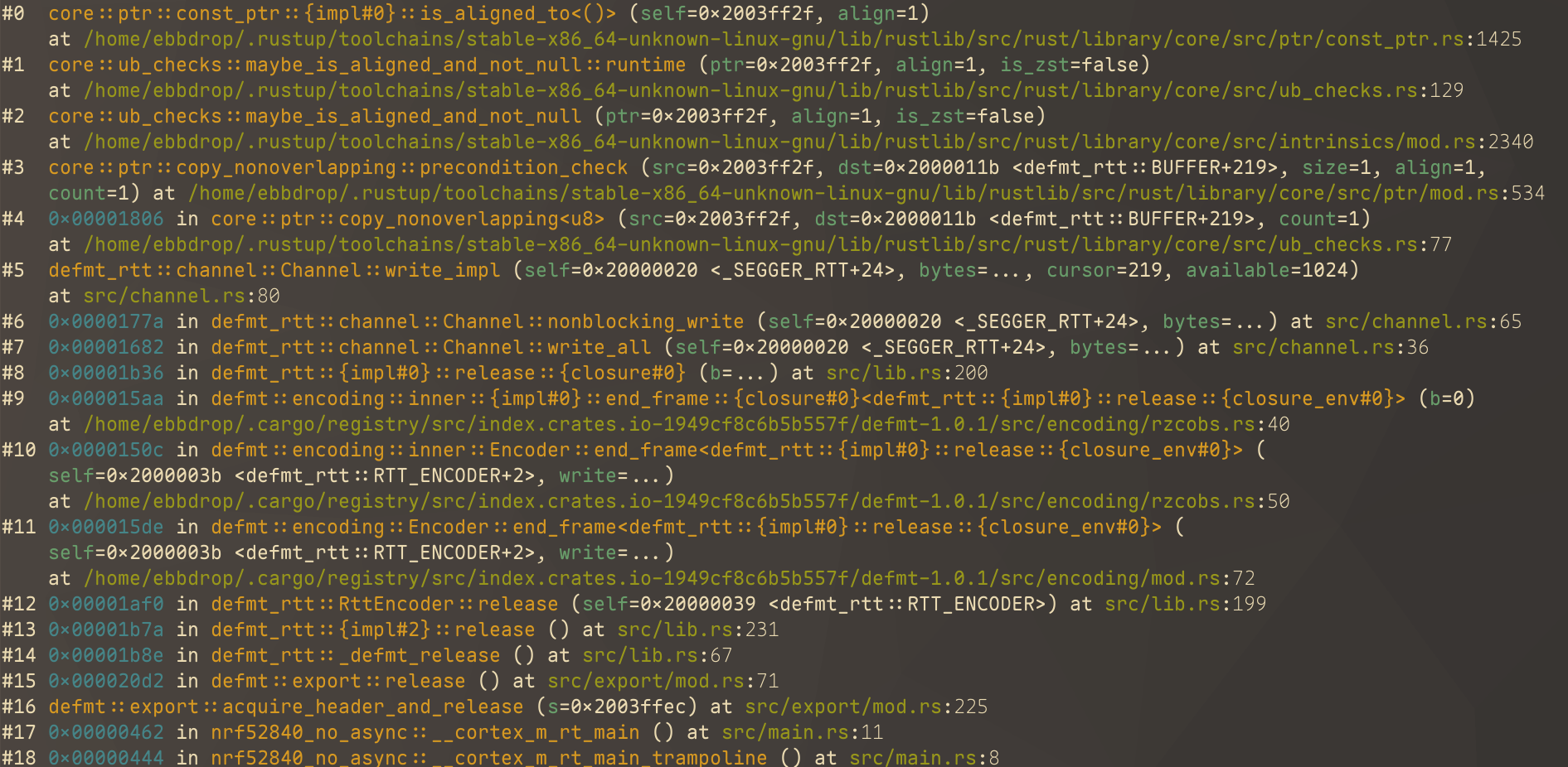 GDB session of a sync program